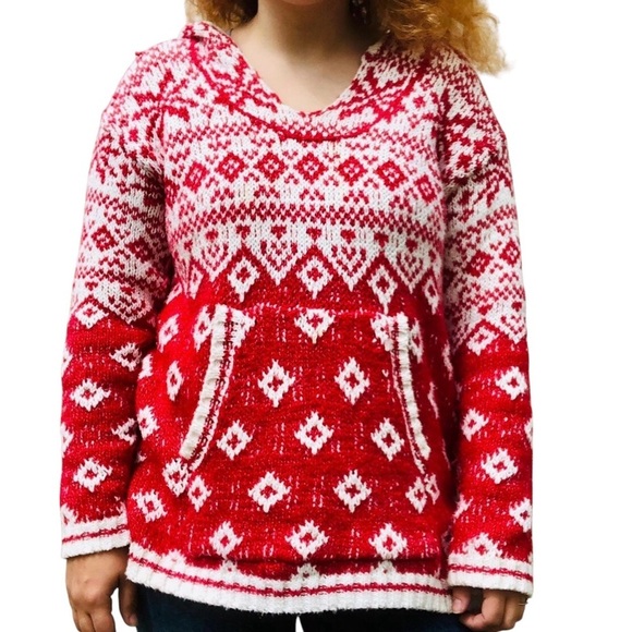 NWT Pink Rose Large Red and White Women's Hooded Sweater with Kangaroo Pockets - Picture 1 of 6